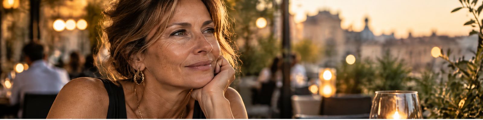 Donna di circa 50 anni al bar a fine giornata, con viso naturale e pelle segnata dall’estate, immagine per articolo sulla cura della pelle dopo l’estate.